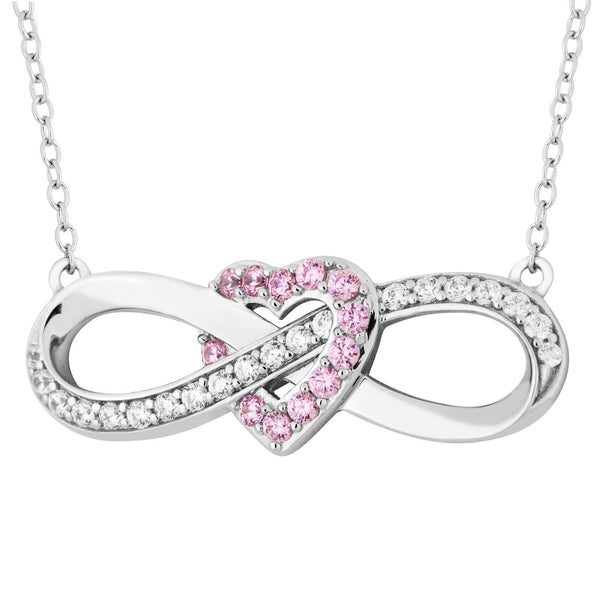 Pink and White CZ Infinity Heart Pendant Necklace, Rhodium Plated Sterling Silver, 18"