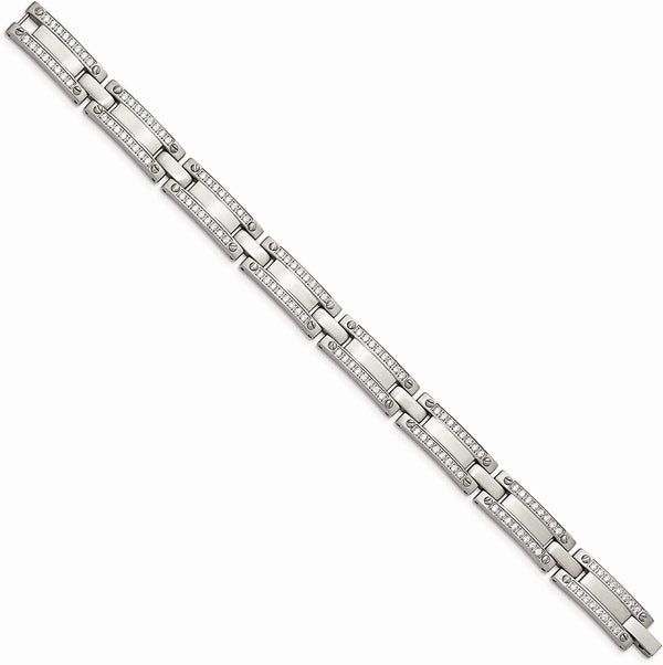 Men's Brushed Stainless Steel CZ Link Bracelet, 8.5 Inches