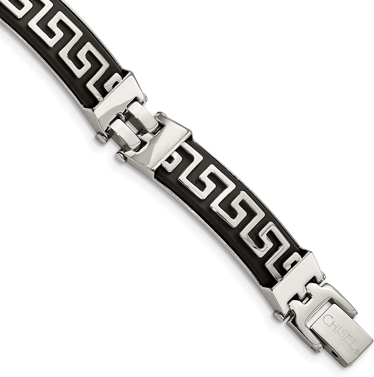 Men's Stainless Steel 11mm Black Rubber with Greek Key Design Link Bracelet, 8 Inches