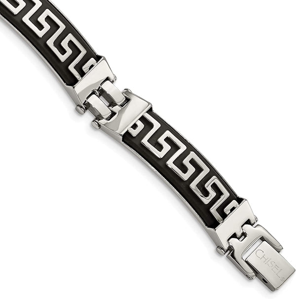 Men's Stainless Steel 11mm Black Rubber with Greek Key Design Link Bracelet, 8 Inches