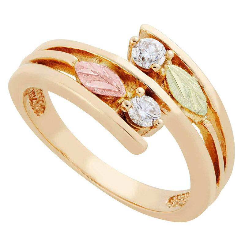 Tri-Color Bypass Diamond Ring, 10k Yellow Gold, 12k Green and Rose Gold Black Hills Gold Motif