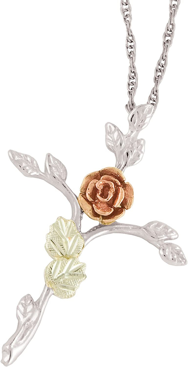 Tree of Life Rose Cross Pendant Necklace, Sterling Silver, 12k Green and Rose Gold Black Hills Gold Motif, 18"