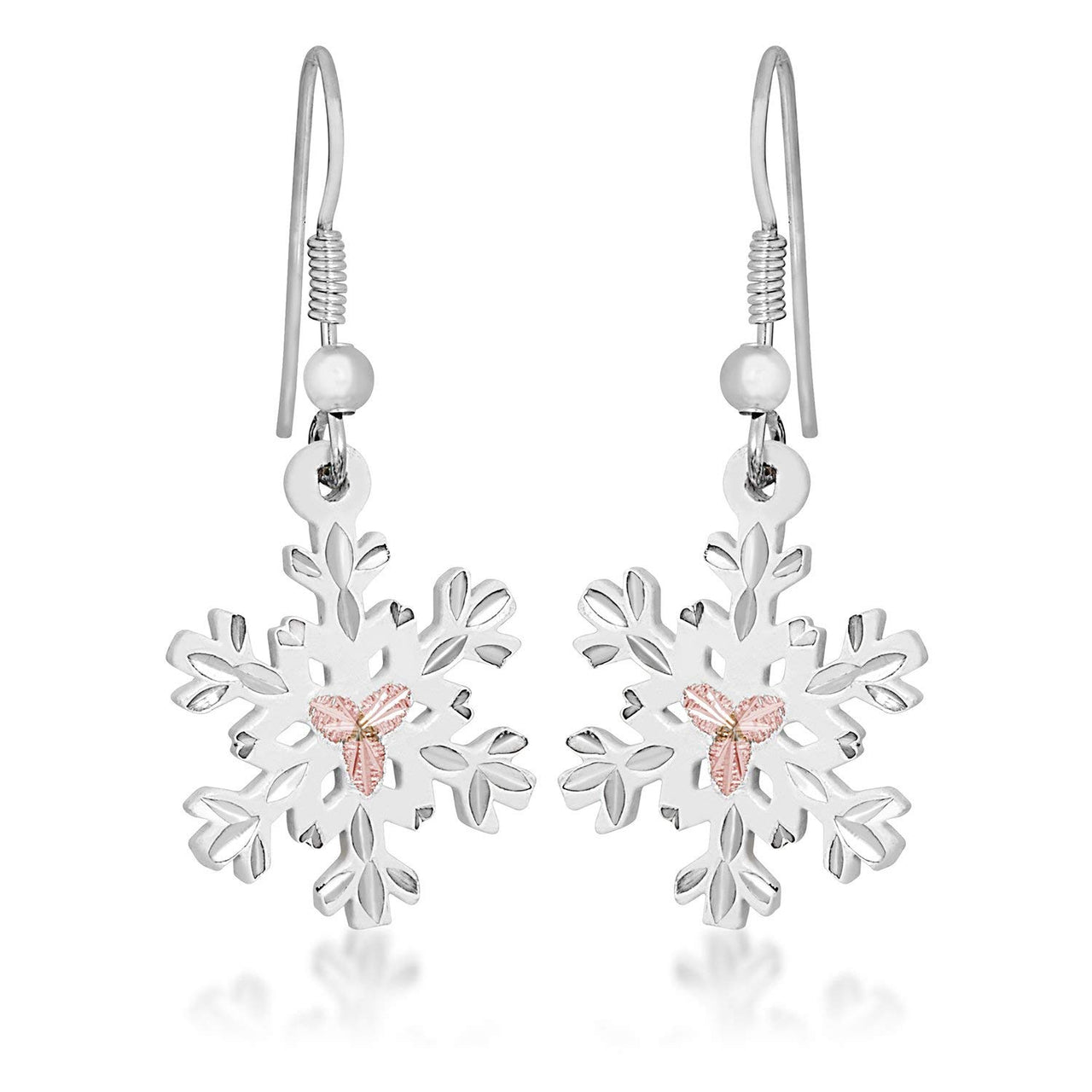 White Powder Coat Snow Flake Earrings, Sterling Silver, 12k Rose Gold Black Hills Gold Motif