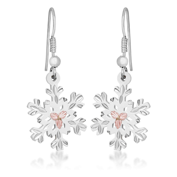 White Powder Coat Snow Flake Earrings, Sterling Silver, 12k Rose Gold Black Hills Gold Motif