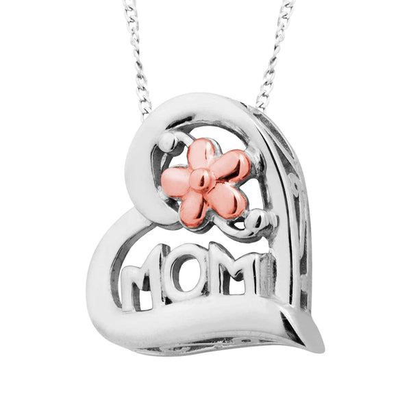 Ave 369 'MOM' Heart Flower Pendant Necklace, Rhodium Plated Sterling Silver, 10k Rose Gold, 18" to 22"