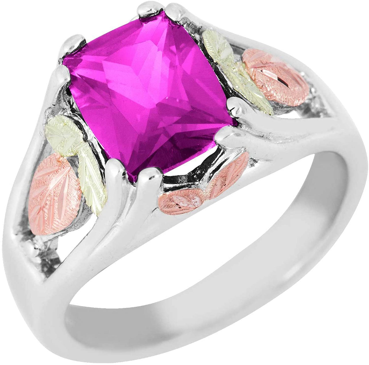 October Birthstone Created Rose Zircon Ring, Sterling Silver, 12k Green and Rose Gold Black Hills Silver Motif