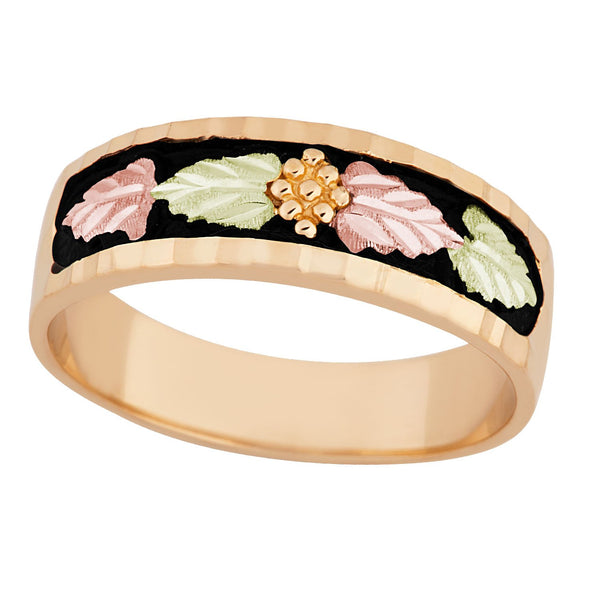 Men's Wedding Antiqued Band, 10k Yellow Gold, 12k Green and Rose Gold Black Hills Gold Motif