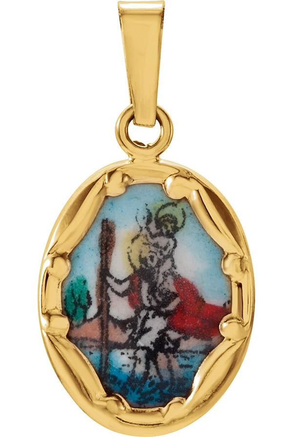 14k Yellow Gold St. Christopher Hand-Painted Porcelain Medal Pendant (13x10 MM)