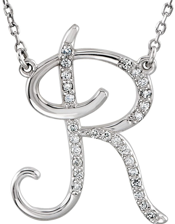 14k White Gold Diamond R Alphabet Initial Script Letter Necklace (GH Color, I1 Clarity, 1/8 Cttw)