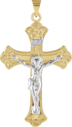 Two-Tone Fleur-de-Lis Crucifix 14k Yellow and White Gold Pendant (19X13MM)