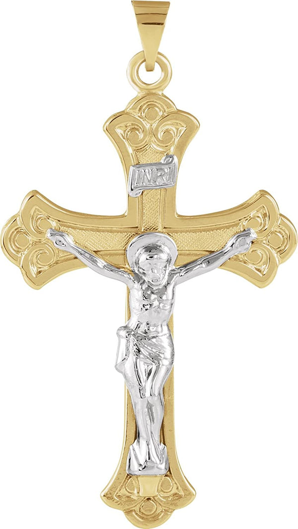 Two-Tone Fleur-de-Lis Crucifix 14k Yellow and White Gold Pendant (19X13MM)