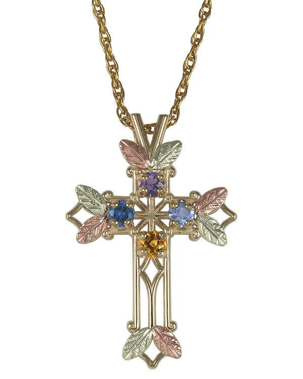 Amethyst, Sapphire, Aquamarine and Citrine Pointed Cross Pendant Necklace, 10k Yellow Gold, 12k Green and Rose Gold Black Hills Gold Motif, 18"