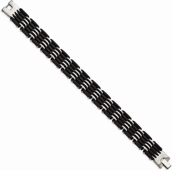 Men's Stainless Steel 15mm Black Rubber Bracelet, 8.25 Inches