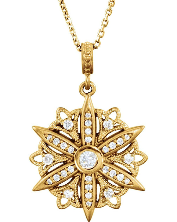 Diamond Vintage-Style Starburst 14k Yellow Gold Pendant Necklace, 18" (1/3 Cttw)