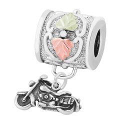 Motorcycle Charm Bead with Leaves, Sterling Silver, 12k Green and Rose Gold Black Hills Gold Motif