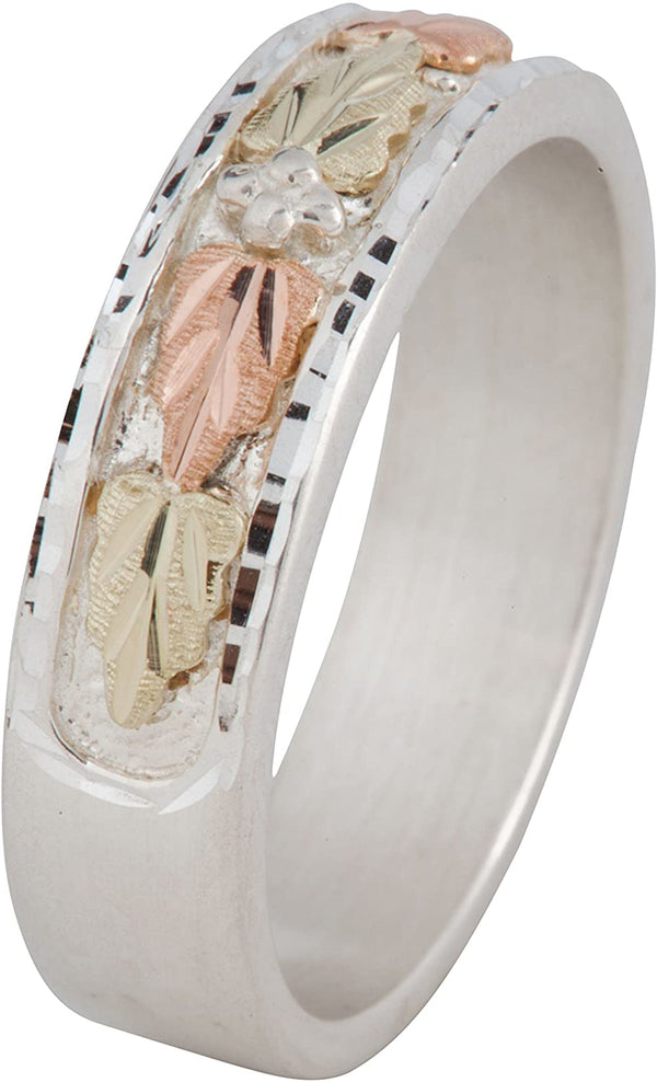 Women's Diamond-Cut Wedding Ring, Sterling Silver, 12k Green and Rose Gold Black Hills Gold Motif, Size 5
