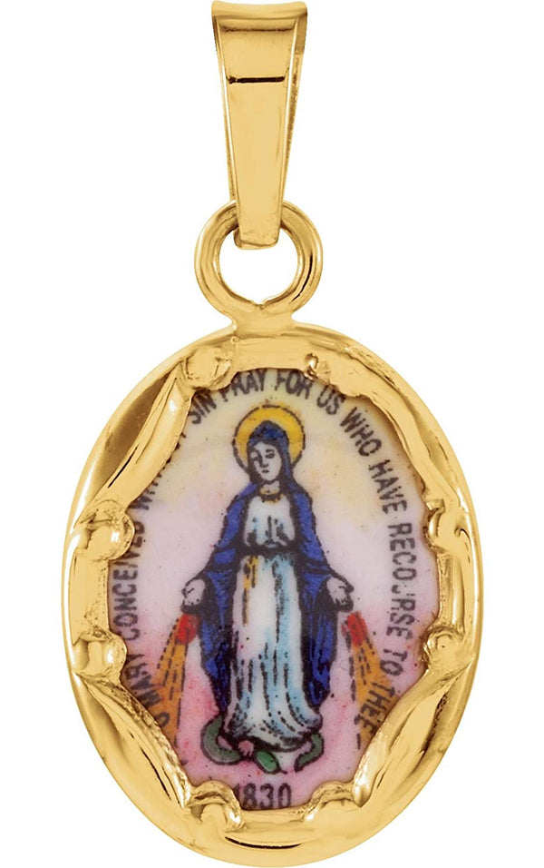 14k Yellow Gold Miraculous Hand-Painted Porcelain Medal (13x10 MM)