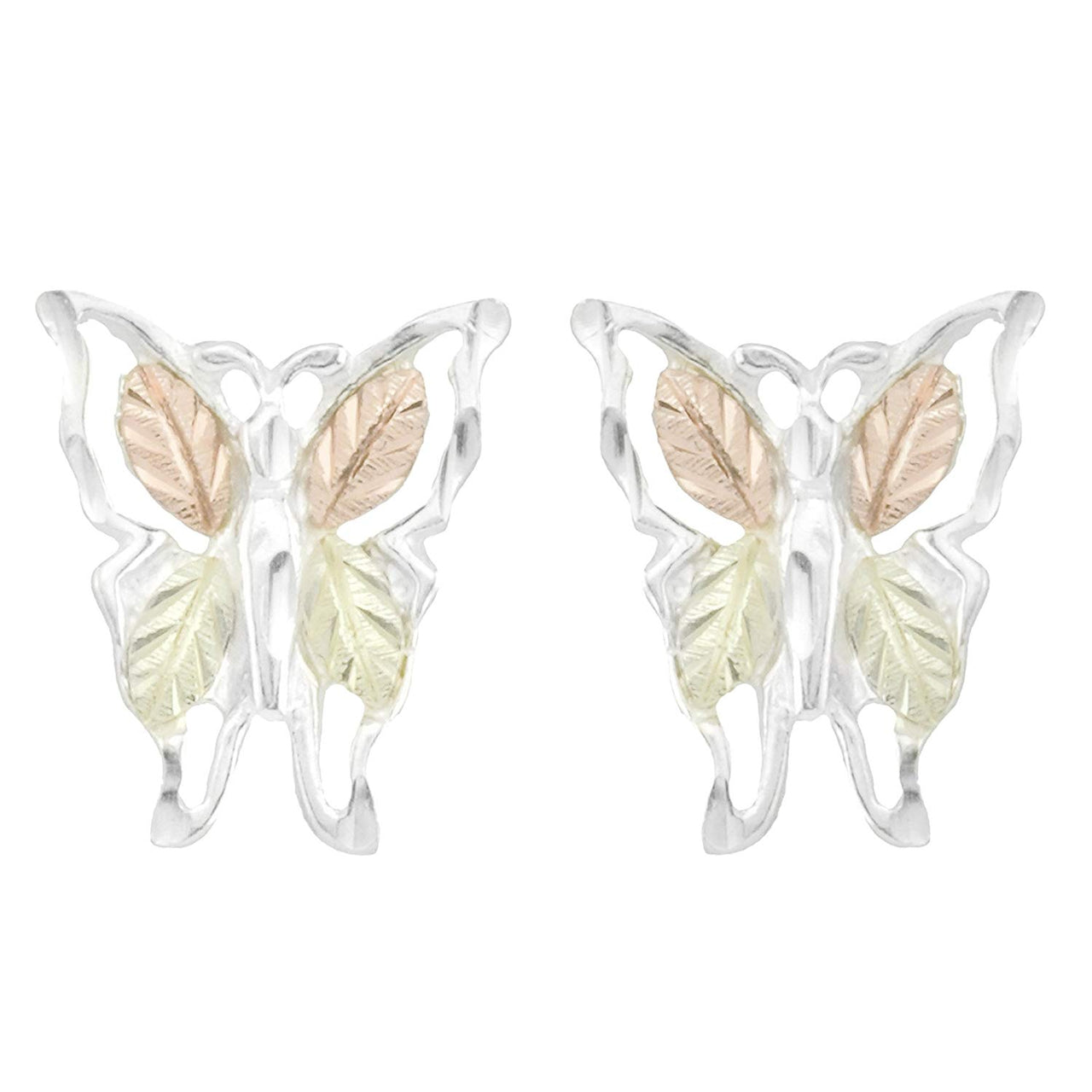 Tri-Tone Butterfly Earrings, Sterling Silver, 12k Green Gold, 12k Rose Gold Black Hills Gold