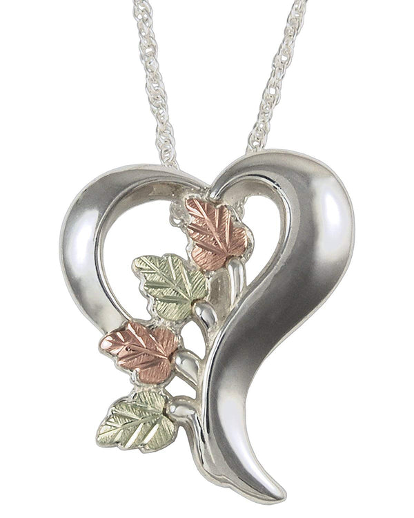 Heart Pendant Necklace, Sterling Silver, 12k Green and Rose Gold Black Hills Gold Motif, 18''