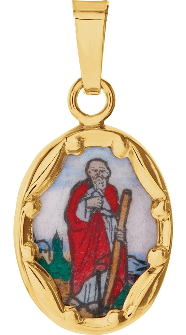 14k Yellow Gold St. Jude Hand-Painted Porcelain Medal (13x10MM)