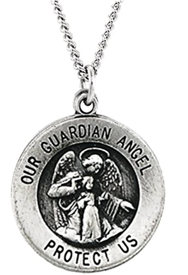 Sterling Silver Antiqued Round Guardian Angel Medal Necklace, 18" (18 MM)