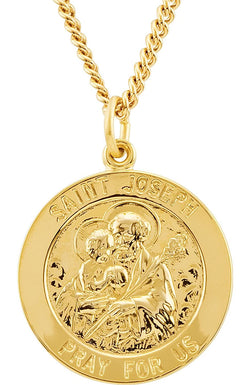 Rhodium Plated Sterling Silver 24k Yellow Gold Plated Round St. Joseph Medal Necklace, 24" (22MM)