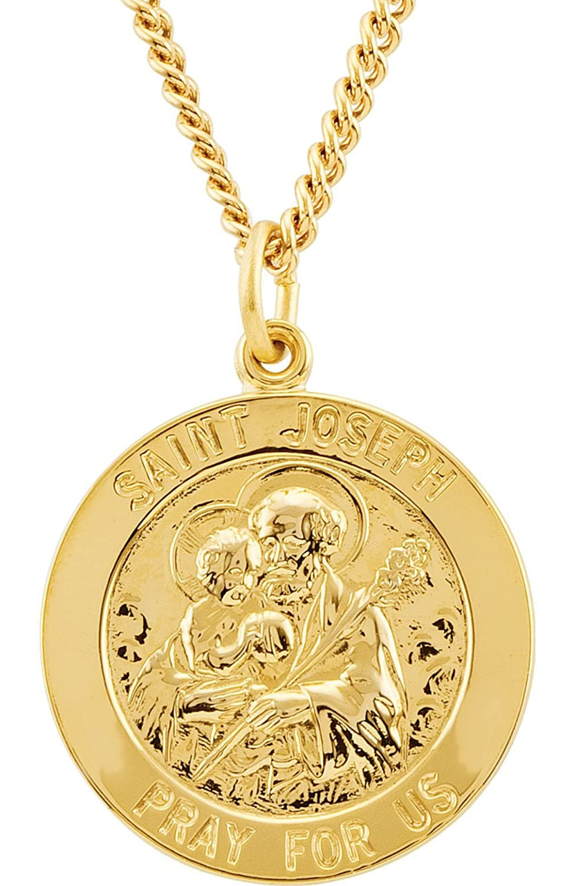 Rhodium Plated Sterling Silver 24k Yellow Gold Plated Round St. Joseph Medal Necklace, 24" (22MM)