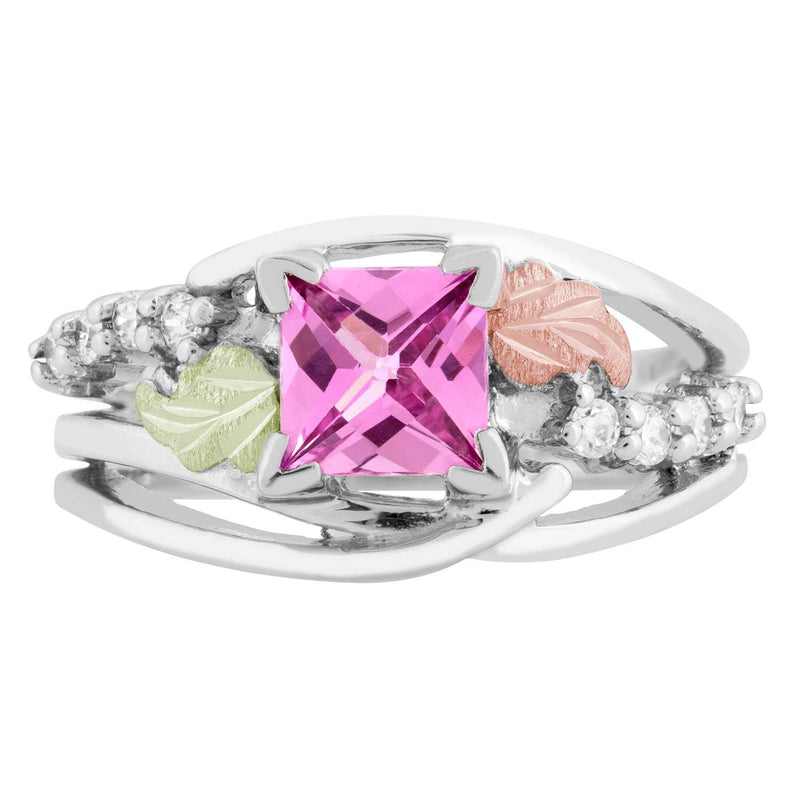 Princess-Cut Created Pink Sapphire and CZ Ring, Sterling Silver, 12k Green and Rose Gold Black Hills Gold Motif