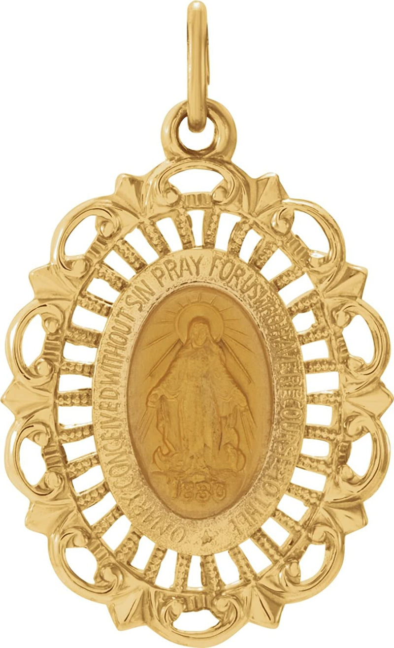 14k Yellow Gold Oval Filigree Miraculous Medal (25x18 MM)