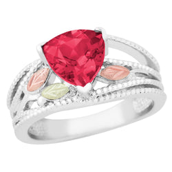 Created Trillion Ruby Ring, Sterling Silver, 12k Green and Rose Gold Black Hills Gold Motif