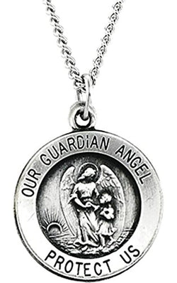 Sterling Silver Antiqued Round Guardian Angel Medal Necklace, 18" (18 MM)