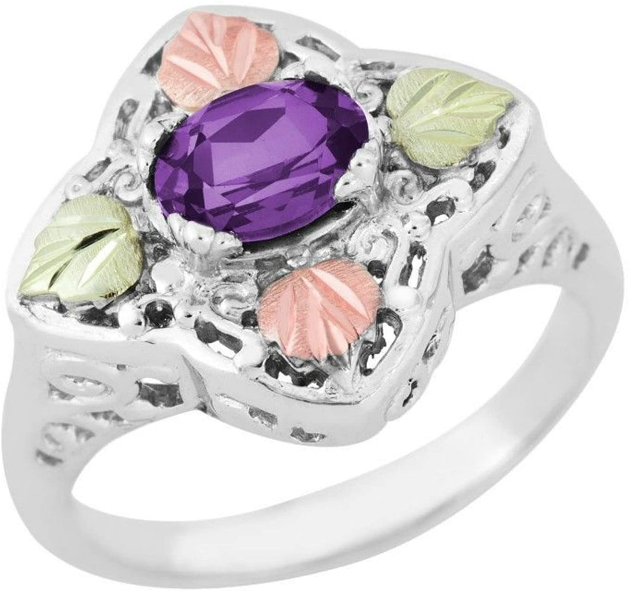 Oval Amethyst Quatrefoil Ring, Sterling Silver, 12k Green and Rose Gold Black Hills Gold Motif, Size 4.25