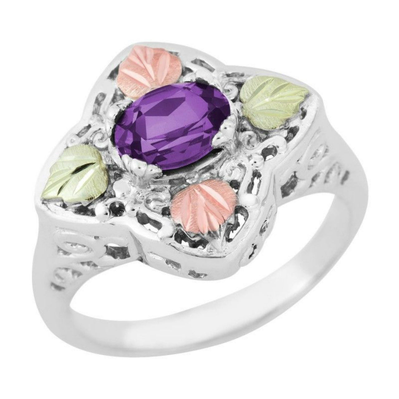 Oval Amethyst Quatrefoil Ring, Sterling Silver, 12k Green and Rose Gold Black Hills Gold Motif