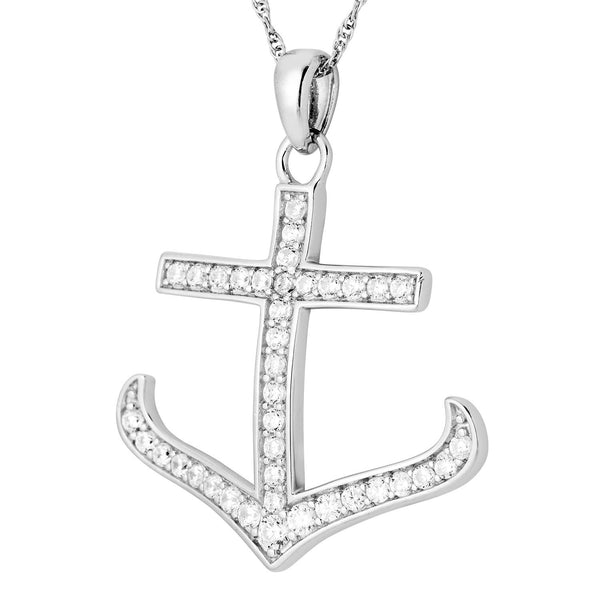 CZ Anchor Pendant Rhodium Plated Sterling Silver Necklace, 18"