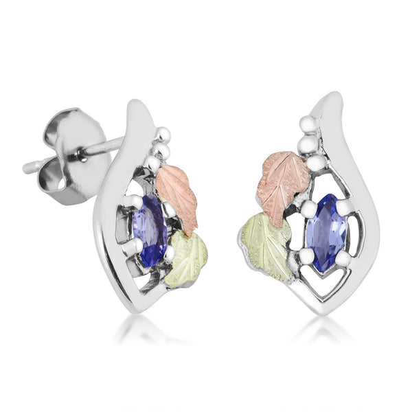 Ave 369 Created Tanzanite Marquise Birthstone Earrings, Sterling Silver, 12k Green and Rose Gold Black Hills Gold Motif