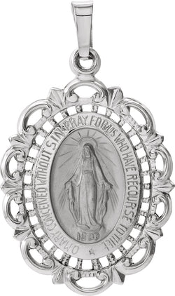 14k White Gold Oval Filigree Miraculous Medal (22x15.5 MM)