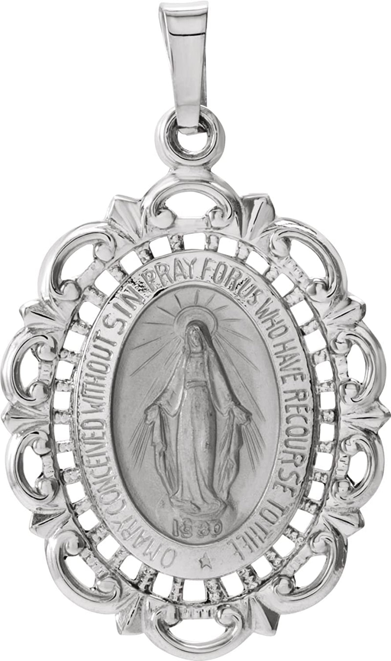 14k White Gold Oval Filigree Miraculous Medal (22x15.5 MM)