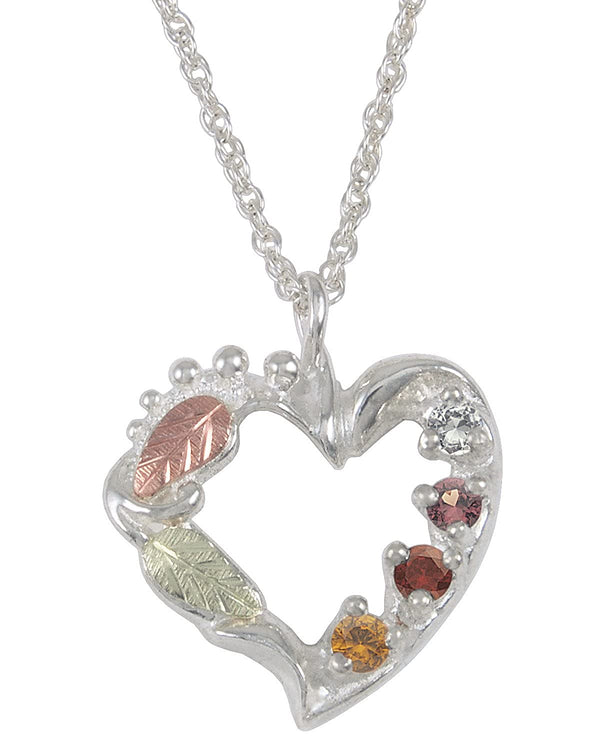 Citrine, Smoky Quartz, Garnet, White Topaz Heart Pendant Necklace, Sterling Silver, 12k Green and Rose Gold Black Hills Gold Motif, 18"