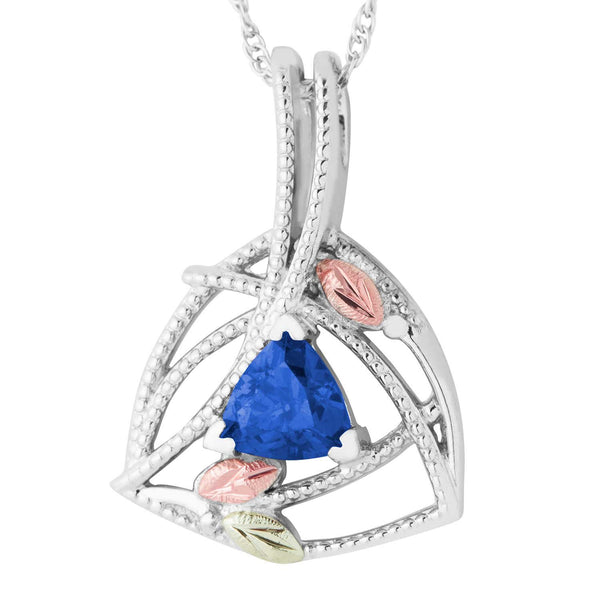 Trillion-Cut Blue Sapphire Pendant Necklace, Sterling Silver, 12k Green and Rose Gold Black Hills Gold Motif, 18"