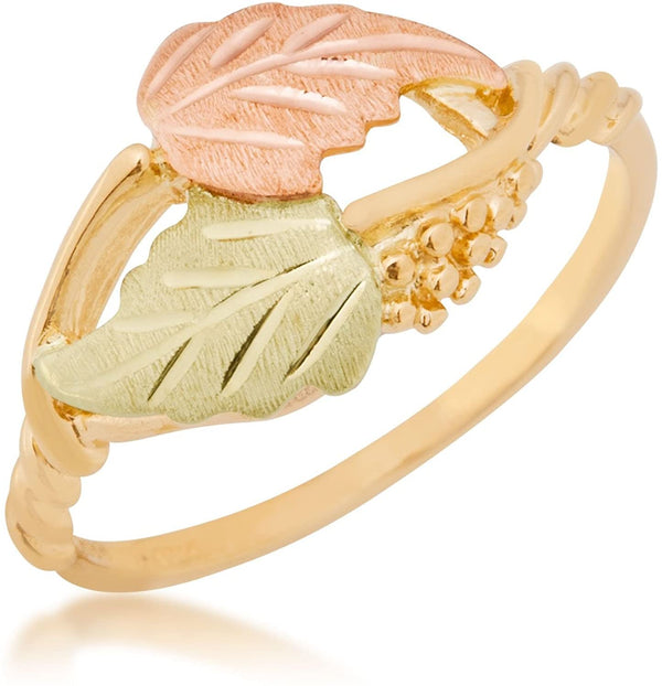 Petite Twisted Leaf Ring, 10k Yellow Gold, 12k Green and Rose Gold Black Hills Gold Motif, Size 5.75