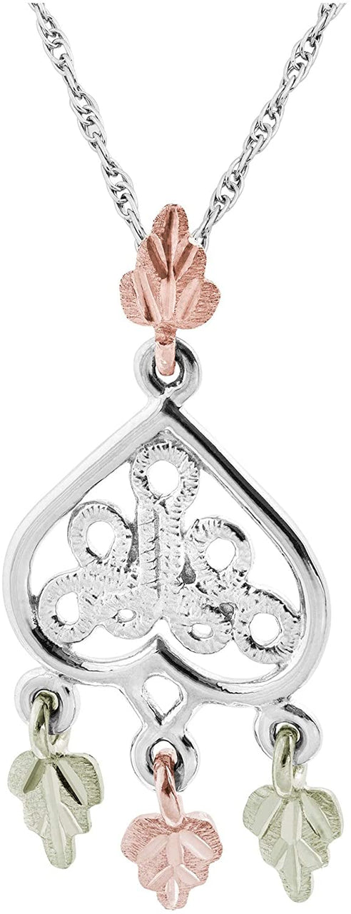 Rhodium-Plated Sterling Silver Dangle Heart and Leaf Pendant, 12k Rose and Green Gold Black Hills Gold 16 and 18 Inches