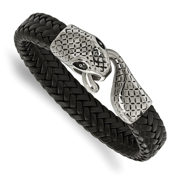 Men's Polished Stainless Steel Leather Strap Snake Bracelet, 8.25"