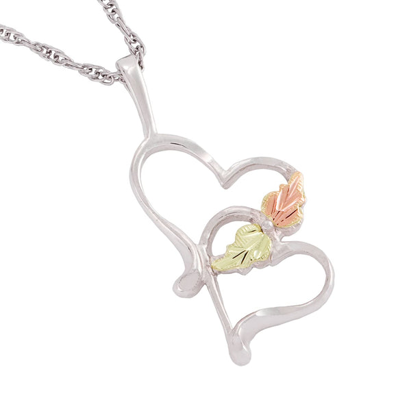 High Polished Double Heart Pendant Necklace, Sterling Silver, 12k Green and Rose Gold Black Hills Gold Motif, 18"