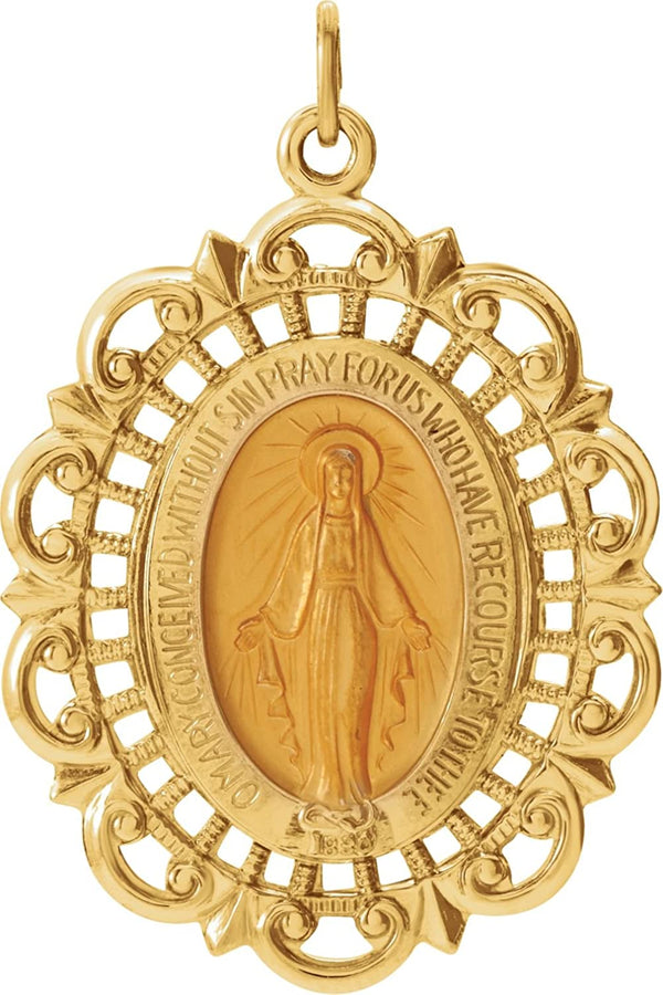 14k Yellow Gold Oval Filigree Miraculous Medal (25x18 MM)