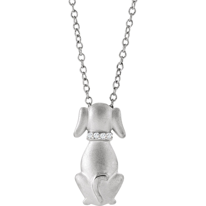 Dog with Diamond Collar Rhodium Plated Sterling Silver Necklace, 18" with Charm Pet Collar Tag