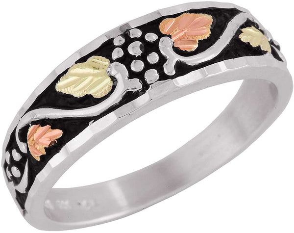 Diamond-Cut Leaves Antiquing Ring, Sterling Silver, 12k Green and Rose Gold Black Hills Gold Motif, Size 9.25
