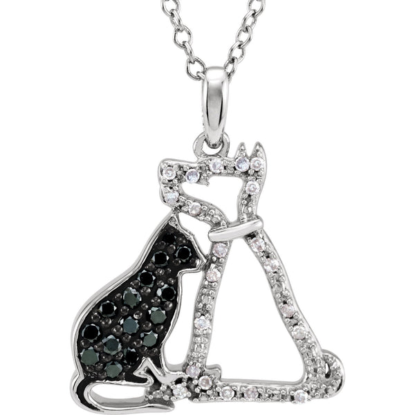 Black and White Diamond Cat and Dog Sterling Silver Necklace, 18" with Charm Pet Collar Tag