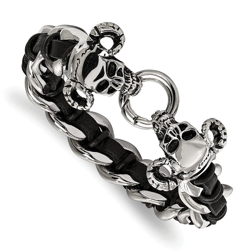 Men's Polished Stainless Steel Black Leather Antiqued Skull Bracelet, 8.5"