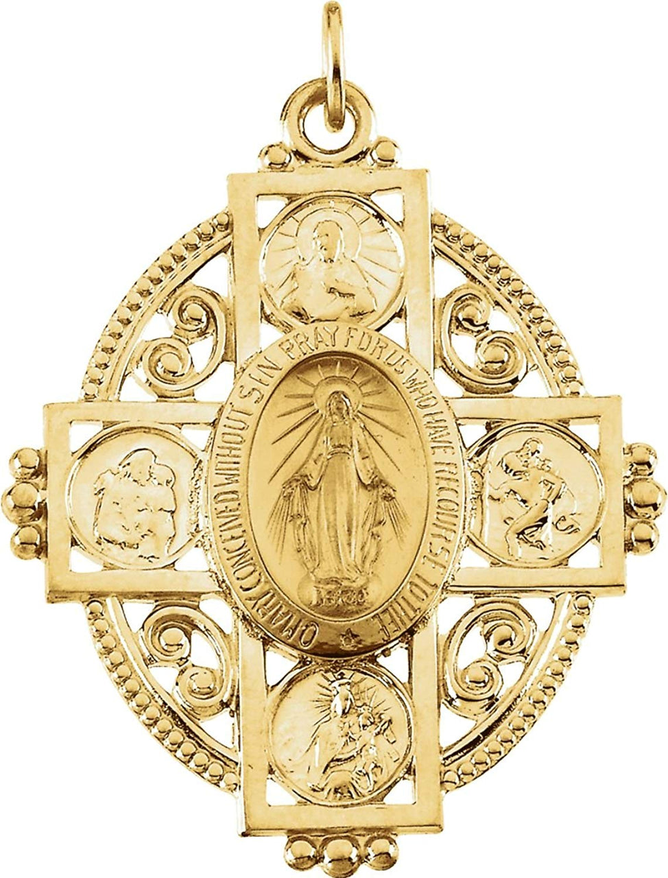 14k Yellow Gold Miraculous Cross Medal (35x28 MM)