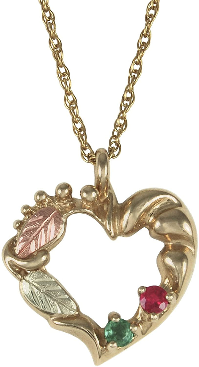 Emerald, Ruby Heart Pendant Necklace, 10k Yellow Gold, 12k Green and Rose Gold Black Hills Gold Motif, 18"